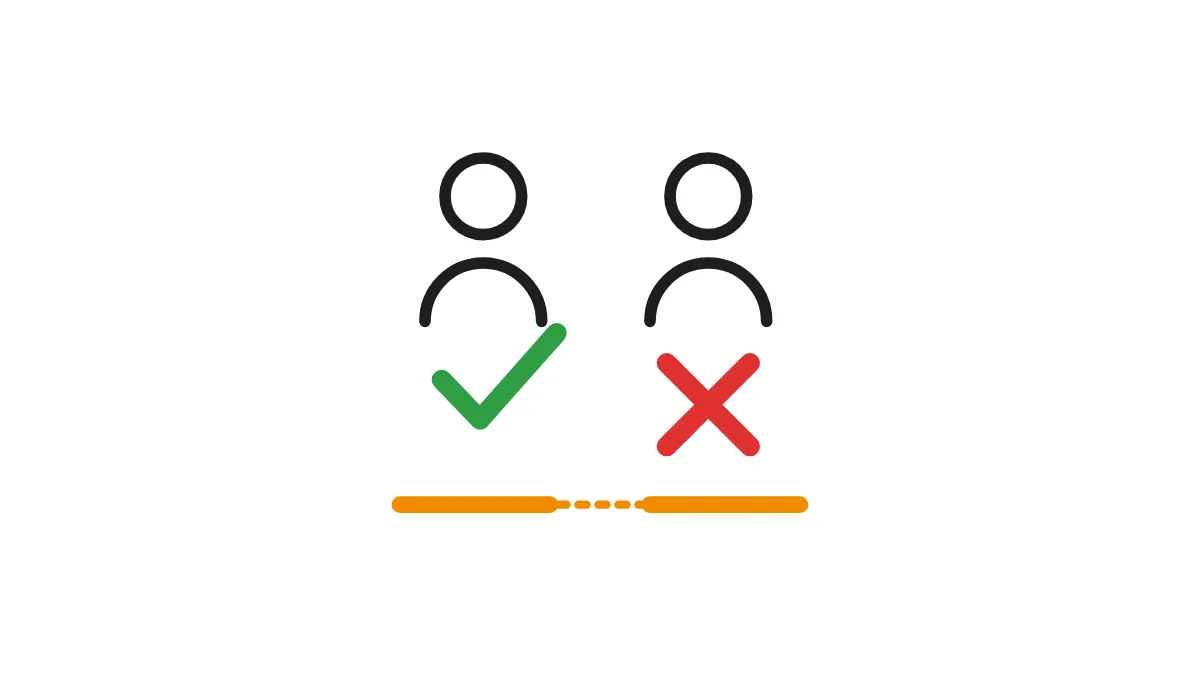 Duas figuras identicas lado a lado, uma com um certo verde e outra com um X vermelho, ligadas por uma linha laranja continua.